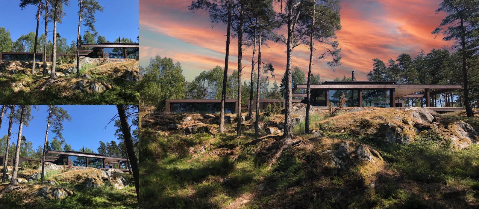 Photo montage of a house in a forest, day and sunset
