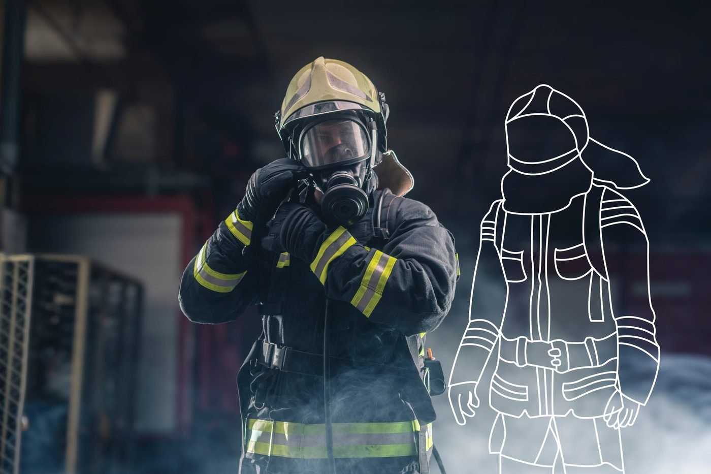Campaign image with a firefighter and an illustrated outline of protective gear