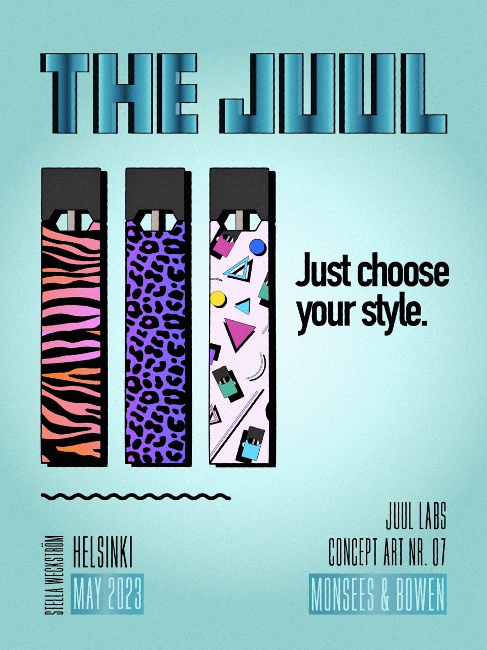 The Juul poster in Memphis style with patterned products
