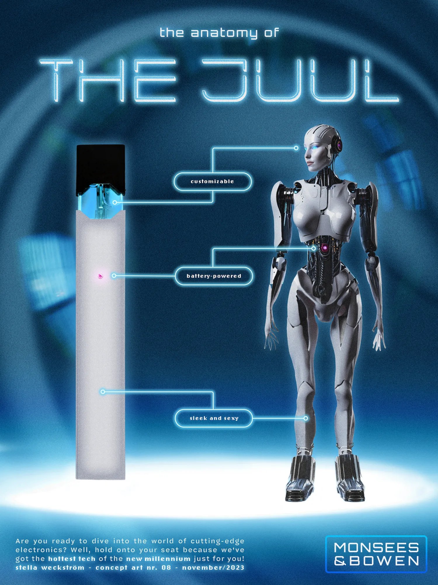 The Juul poster in millennium-bug style with a futuristic cyborg figure